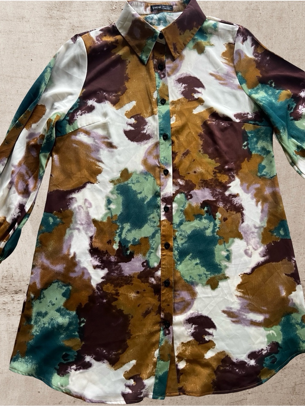 SHEIN Multi-Color Abstract Lightweight Long Shirt - Green, Brown, White